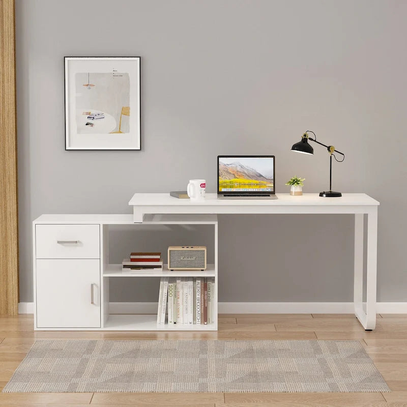 Bureau d'ordinateur d'angle Timechee de 55 pouces avec tiroirs et armoire, blanc