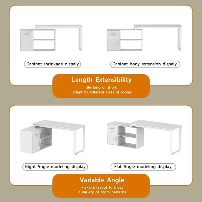 Bureau d'ordinateur d'angle Timechee de 55 pouces avec tiroirs et armoire, blanc