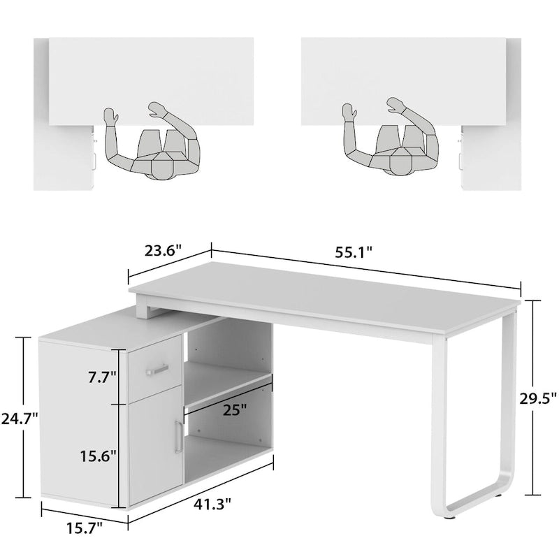 Bureau d'ordinateur d'angle Timechee de 55 pouces avec tiroirs et armoire, blanc