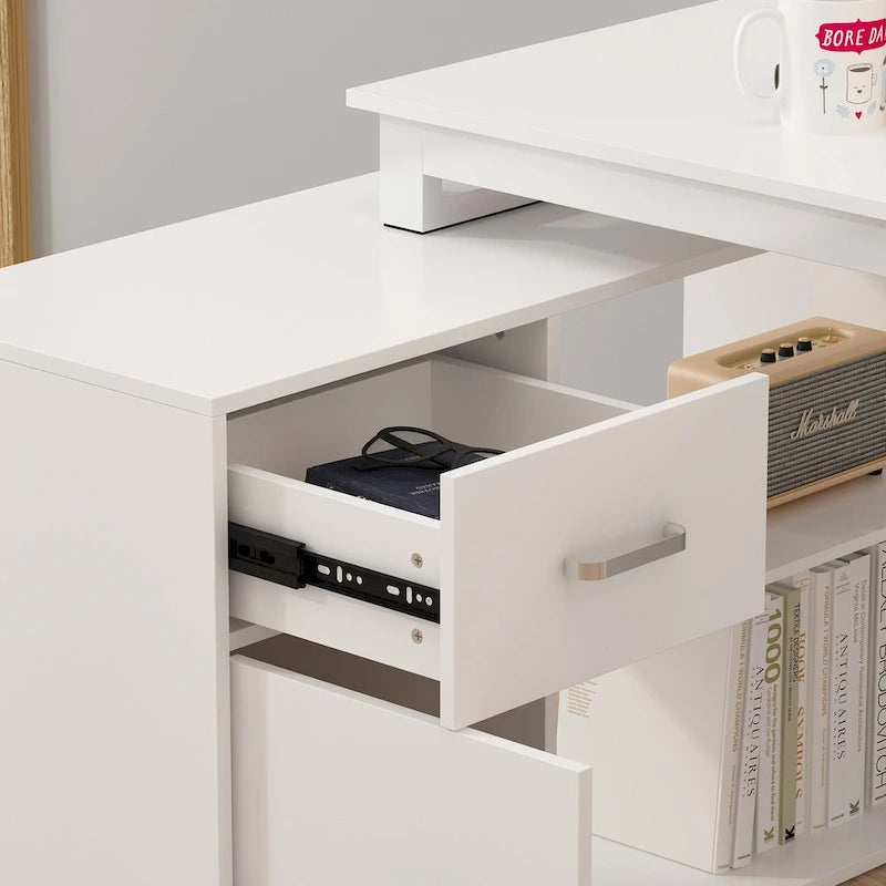Bureau d'ordinateur d'angle Timechee de 55 pouces avec tiroirs et armoire, blanc