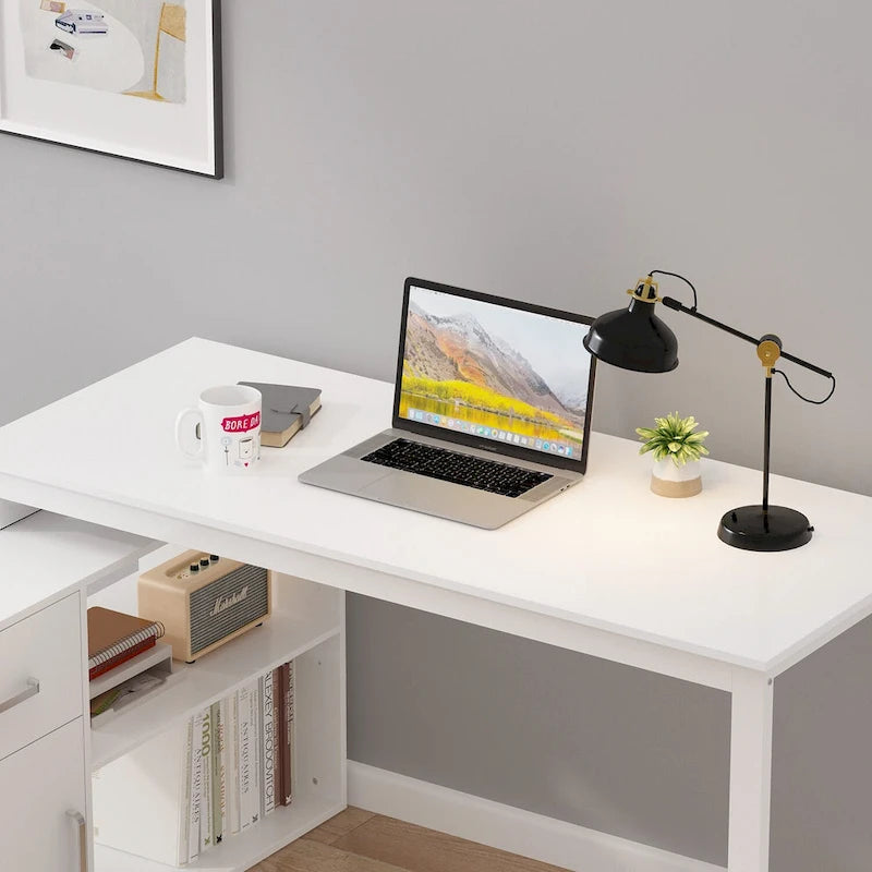 Bureau d'ordinateur d'angle Timechee de 55 pouces avec tiroirs et armoire, blanc