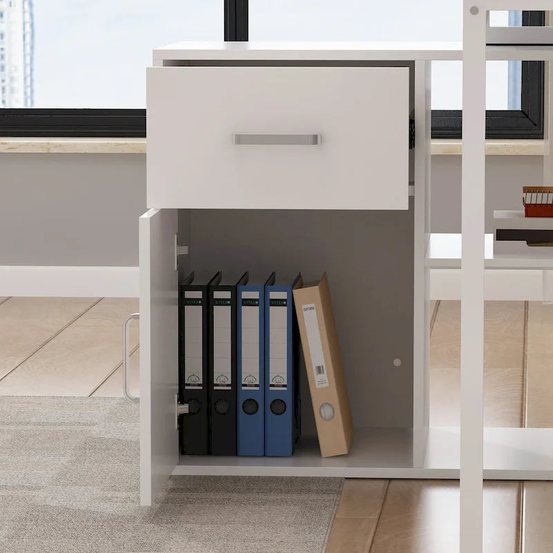 Bureau d'ordinateur d'angle Timechee de 55 pouces avec tiroirs et armoire, blanc