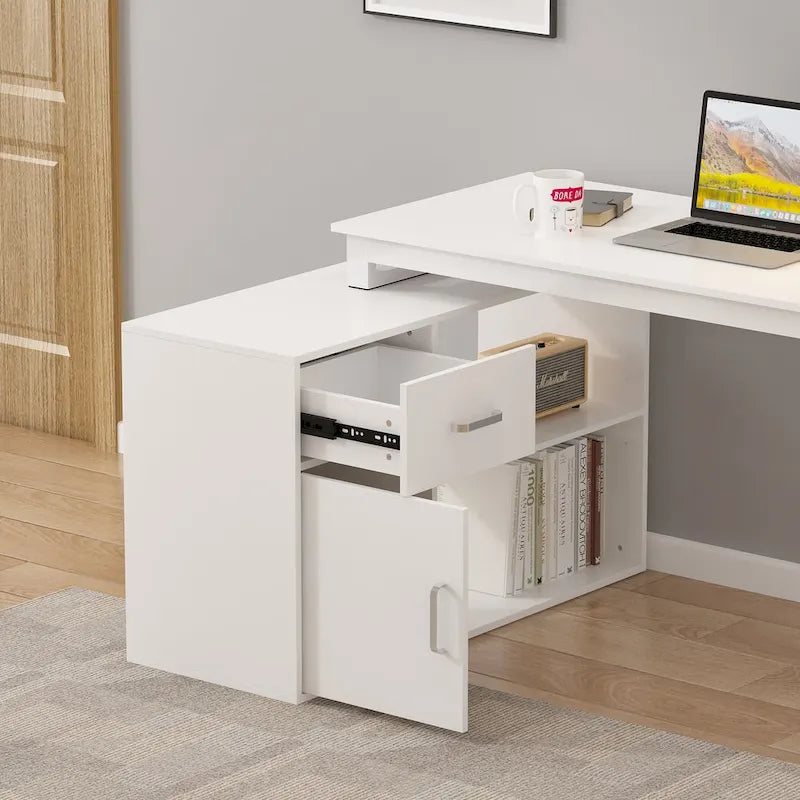 Bureau d'ordinateur d'angle Timechee de 55 pouces avec tiroirs et armoire, blanc