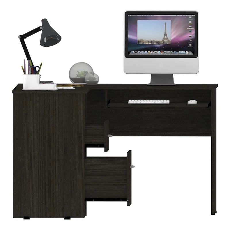 TUHOME Bureau d'angle Mix avec étagères ouvertes, 2 tiroirs et tablette clavier escamotable