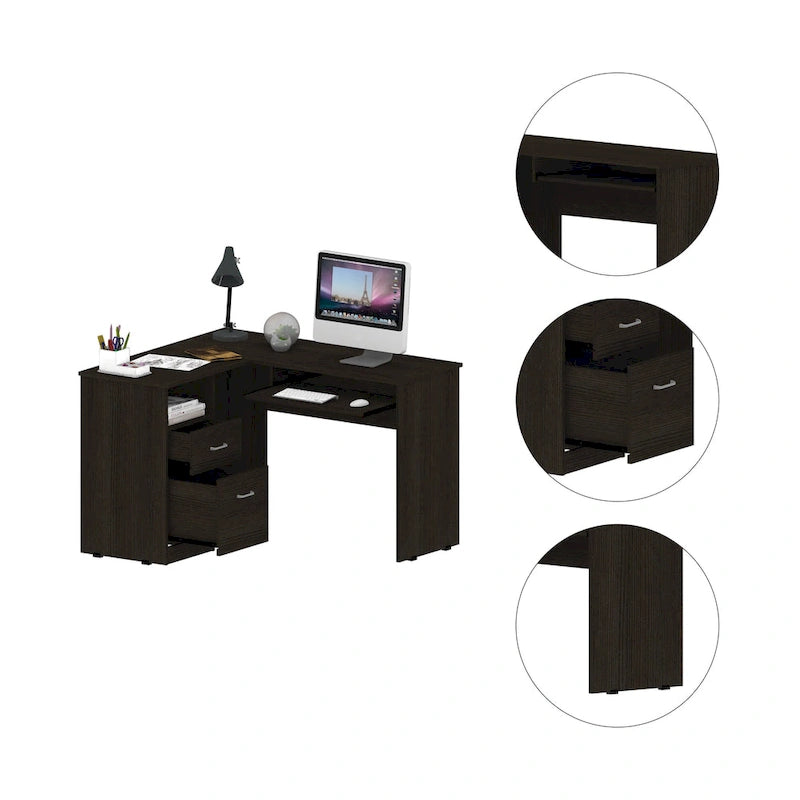 TUHOME Bureau d'angle Mix avec étagères ouvertes, 2 tiroirs et tablette clavier escamotable