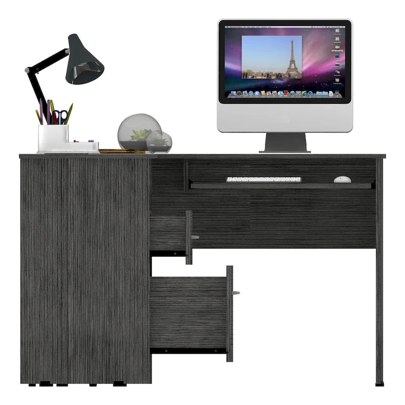 TUHOME Bureau d'angle Mix avec étagères ouvertes, 2 tiroirs et tablette clavier escamotable