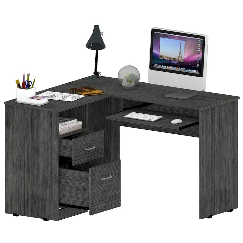 TUHOME Bureau d'angle Mix avec étagères ouvertes, 2 tiroirs et tablette clavier escamotable