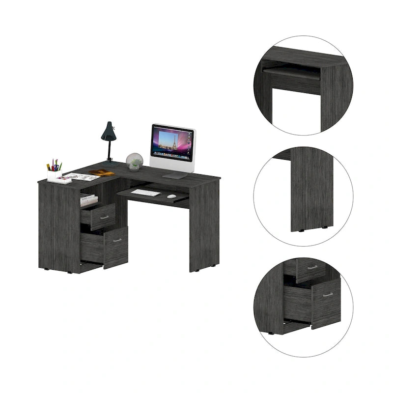TUHOME Bureau d'angle Mix avec étagères ouvertes, 2 tiroirs et tablette clavier escamotable