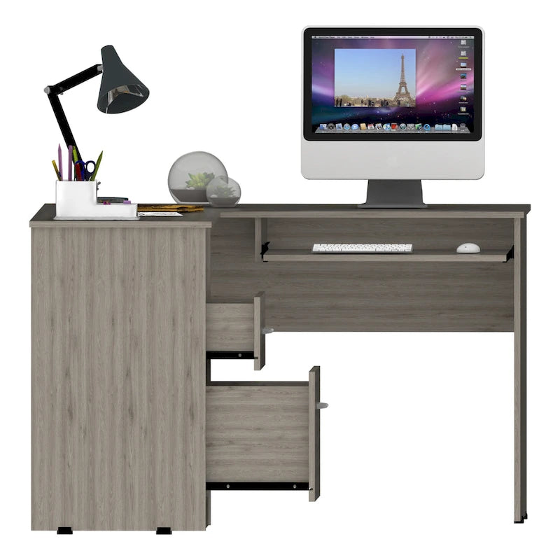 TUHOME Bureau d'angle Mix avec étagères ouvertes, 2 tiroirs et tablette clavier escamotable