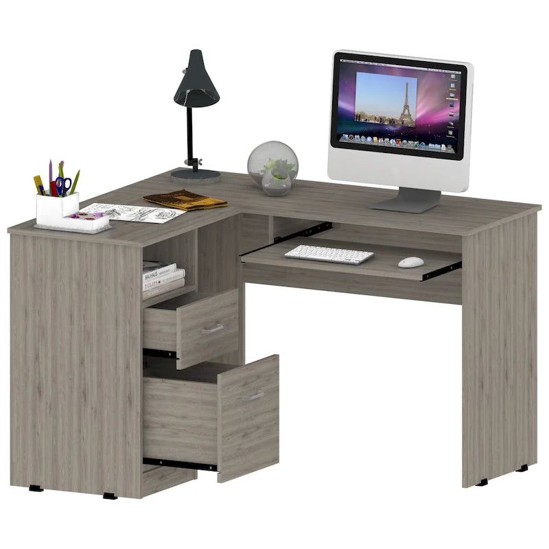 TUHOME Bureau d'angle Mix avec étagères ouvertes, 2 tiroirs et tablette clavier escamotable