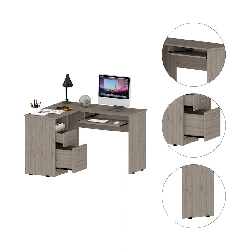 TUHOME Bureau d'angle Mix avec étagères ouvertes, 2 tiroirs et tablette clavier escamotable