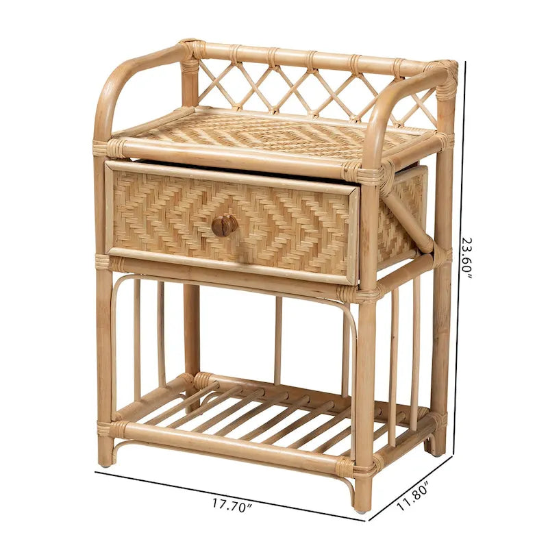 Table de chevet Kobie moderne bohème en rotin naturel marron à 1 tiroir