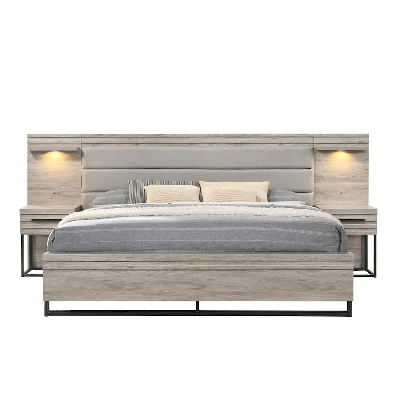 Lit mural capitonné en bois Alvear de Roundhill Furniture avec lumières LED blanches, 2 tables de chevet, gris patiné