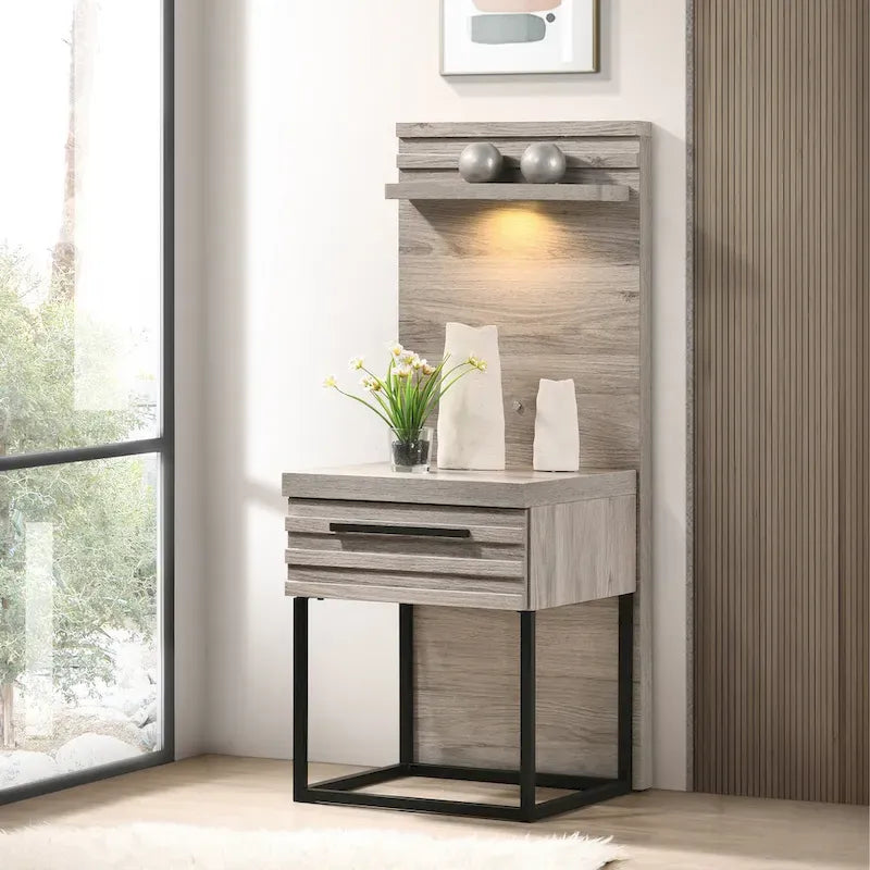 Lit mural capitonné en bois Alvear de Roundhill Furniture avec lumières LED blanches, 2 tables de chevet, gris patiné