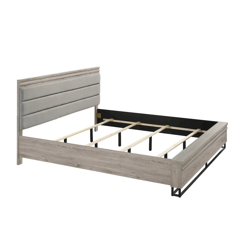 Lit mural capitonné en bois Alvear de Roundhill Furniture avec lumières LED blanches, 2 tables de chevet, gris patiné