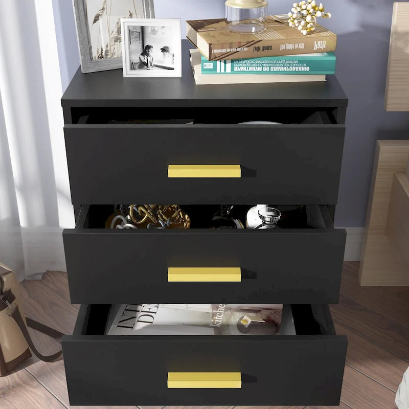 Table de chevet Timechee de 23,6 po de haut à 3 tiroirs, blanc/noir