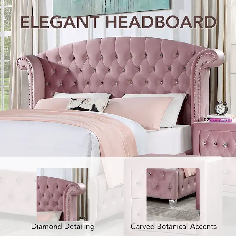 Lit capitonné rose à dossier haut Vyvi Glam de Furniture of America