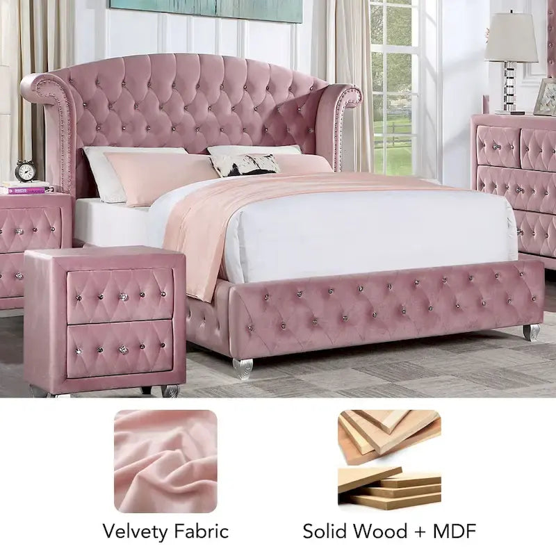 Lit capitonné rose à dossier haut Vyvi Glam de Furniture of America
