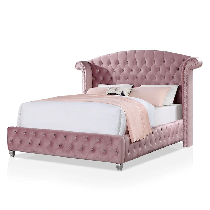 Lit capitonné rose à dossier haut Vyvi Glam de Furniture of America