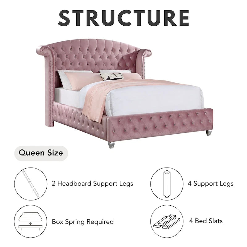 Lit capitonné rose à dossier haut Vyvi Glam de Furniture of America