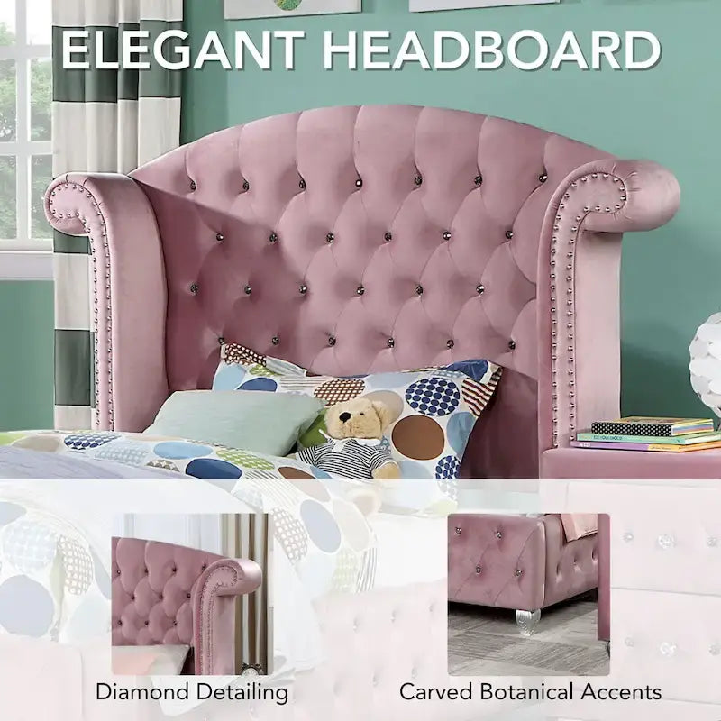 Lit capitonné rose à dossier haut Vyvi Glam de Furniture of America