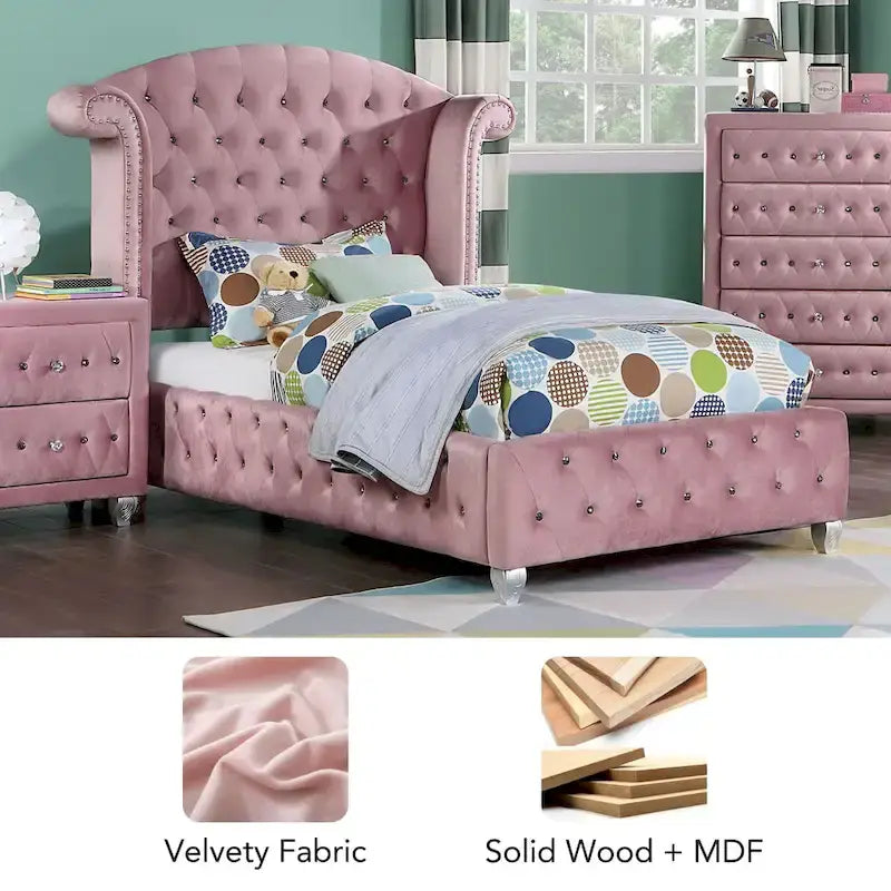 Lit capitonné rose à dossier haut Vyvi Glam de Furniture of America