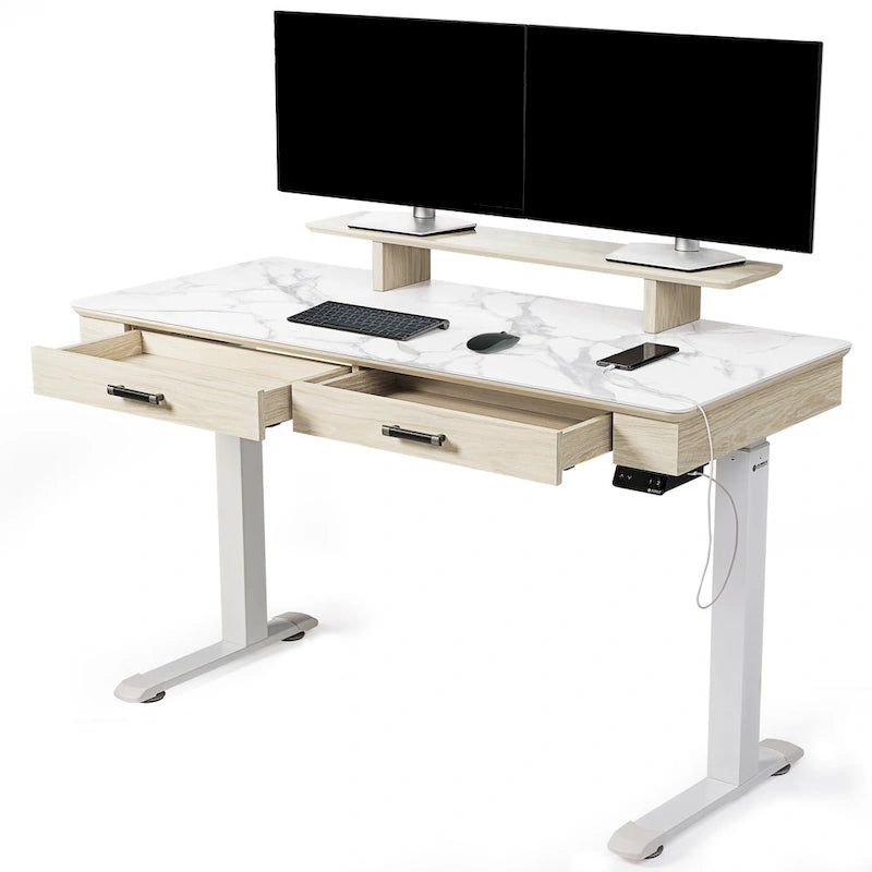 Eureka Ergonomic Bureau debout 55 Slate Stone Bureau de Direction avec 2 Tiroirs et Support Moniteur