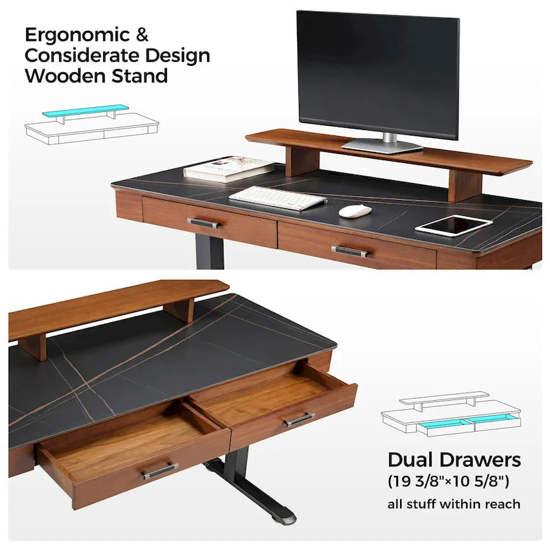 Eureka Ergonomic Bureau debout 55 Slate Stone Bureau de Direction avec 2 Tiroirs et Support Moniteur