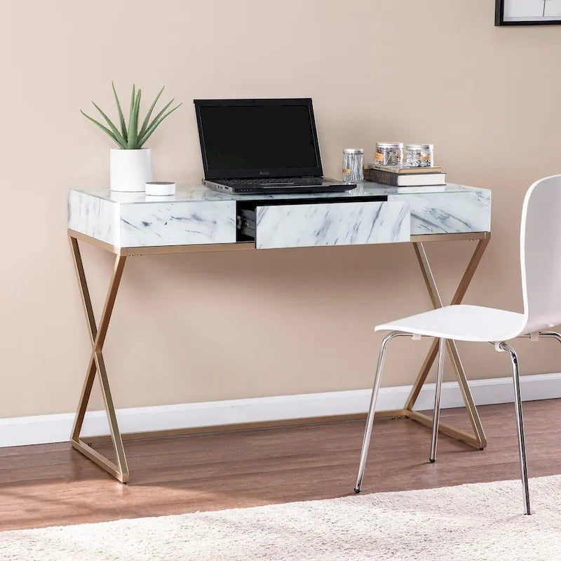 SEI Furniture Kewen – Bureau en pierre blanche, style glamour