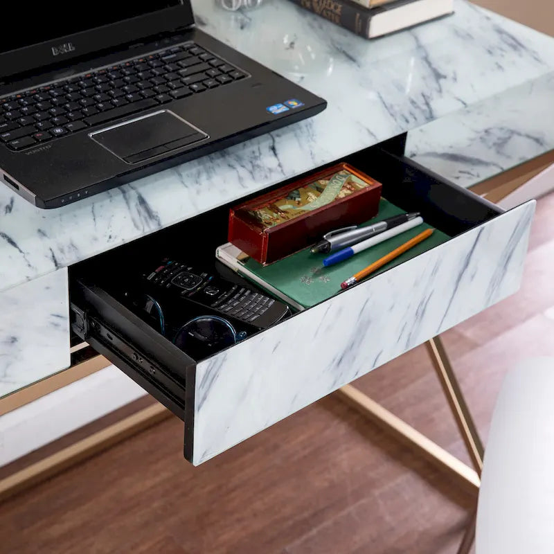 SEI Furniture Kewen – Bureau en pierre blanche, style glamour