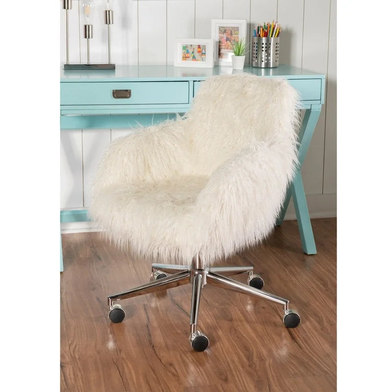 Chaise de bureau en fausse fourrure blanc cassé ambre
