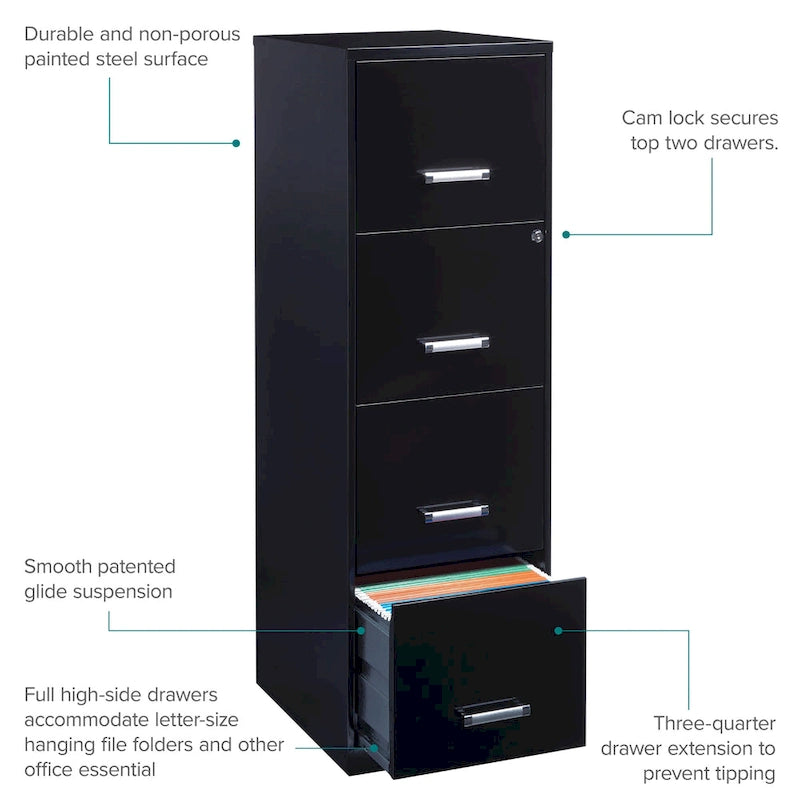 Classeur métallique noir Space Solutions à 4 tiroirs, profondeur de 18 pouces