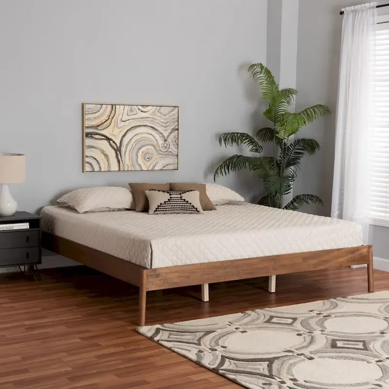 Cadre de lit Queen Size en bois de frêne et noyer, fini Agatis Mid-Century Modern