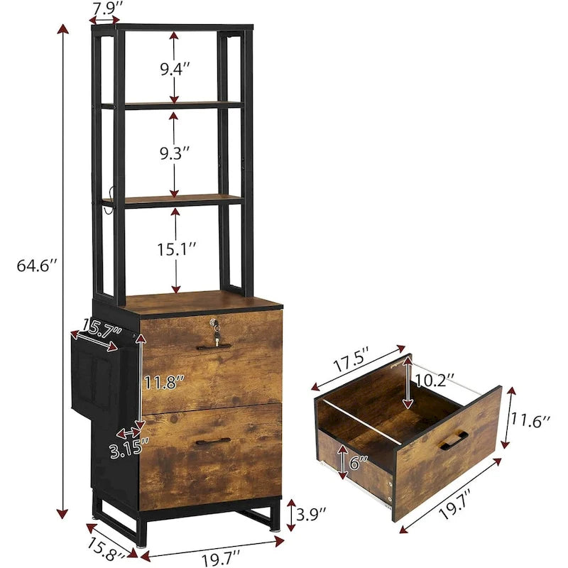 Meuble de classement 2 tiroirs avec serrure Meuble de rangement pour imprimante Étagères à livres