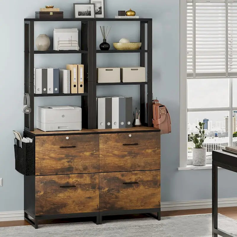Meuble de classement 2 tiroirs avec serrure Meuble de rangement pour imprimante Étagères à livres