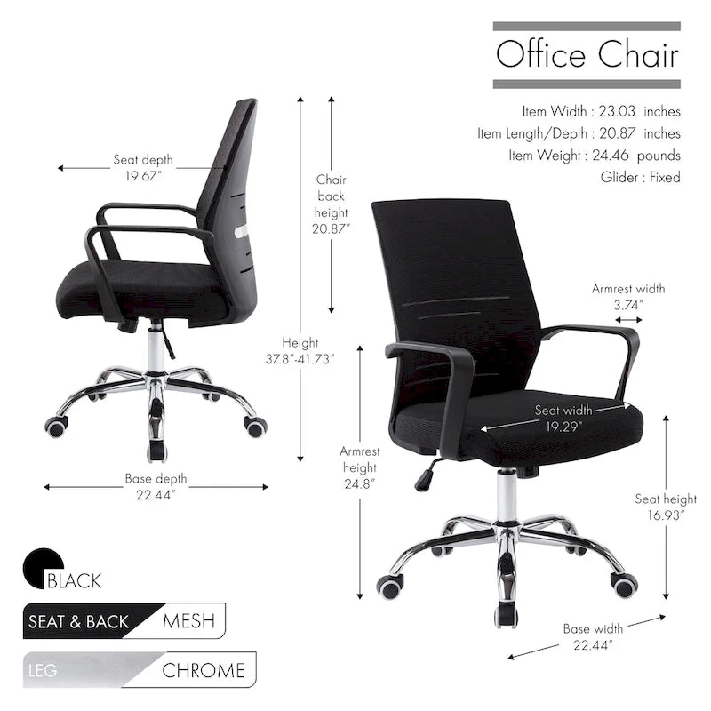 Chaise de bureau ergonomique en maille Balzac Porthos Home avec base à roulettes chromée