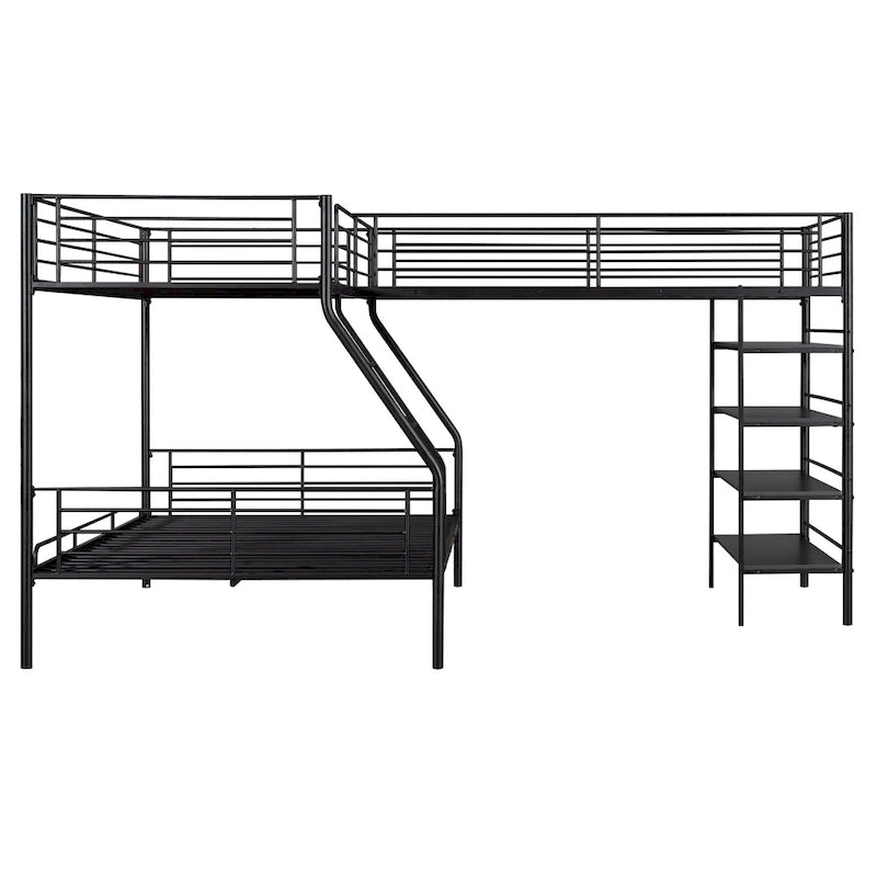 Lit superposé en métal en L, lit double et lit mezzanine avec quatre étagères intégrées, noir