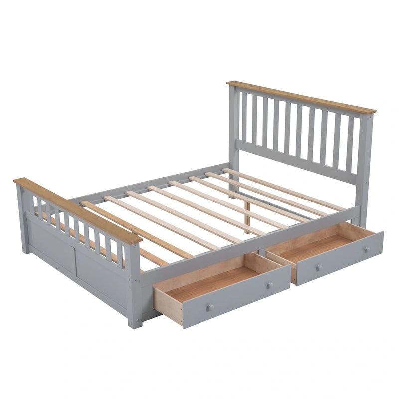 Lit plateforme Queen en bois avec deux tiroirs et lattes de bois, gris+naturel