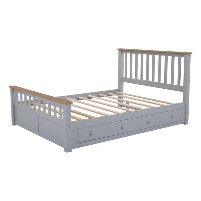 Lit plateforme Queen en bois avec deux tiroirs et lattes de bois, gris+naturel