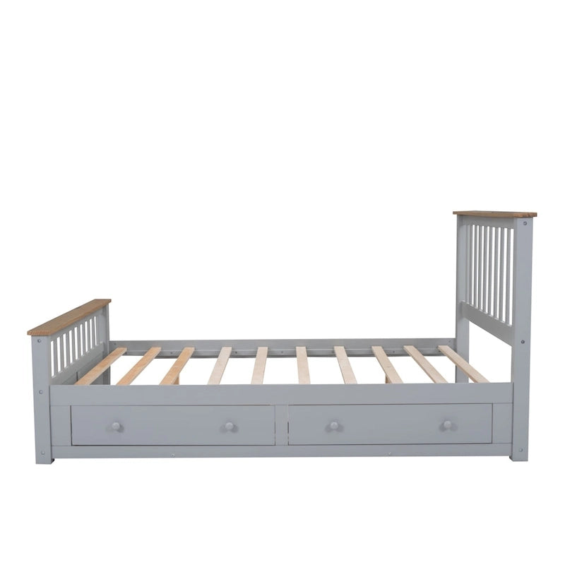 Lit plateforme Queen en bois avec deux tiroirs et lattes de bois, gris+naturel