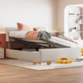Queen Size Sleigh Bed with Side-Tilt Hydraulic Storage System, Linen Upholstery, Beige