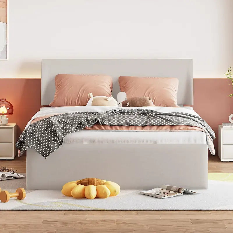Lit traîneau Queen Size avec système de rangement hydraulique inclinable latéralement, revêtement en lin, beige