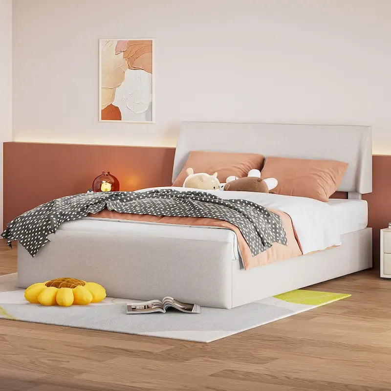 Lit traîneau Queen Size avec système de rangement hydraulique inclinable latéralement, revêtement en lin, beige