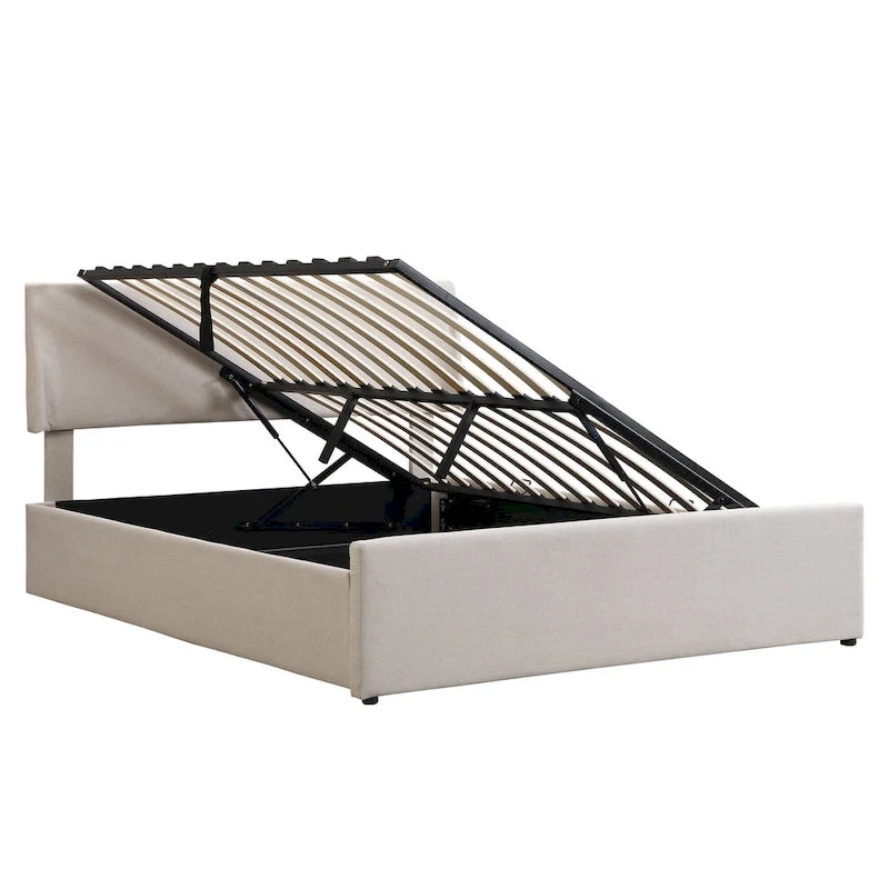 Lit traîneau Queen Size avec système de rangement hydraulique inclinable latéralement, revêtement en lin, beige