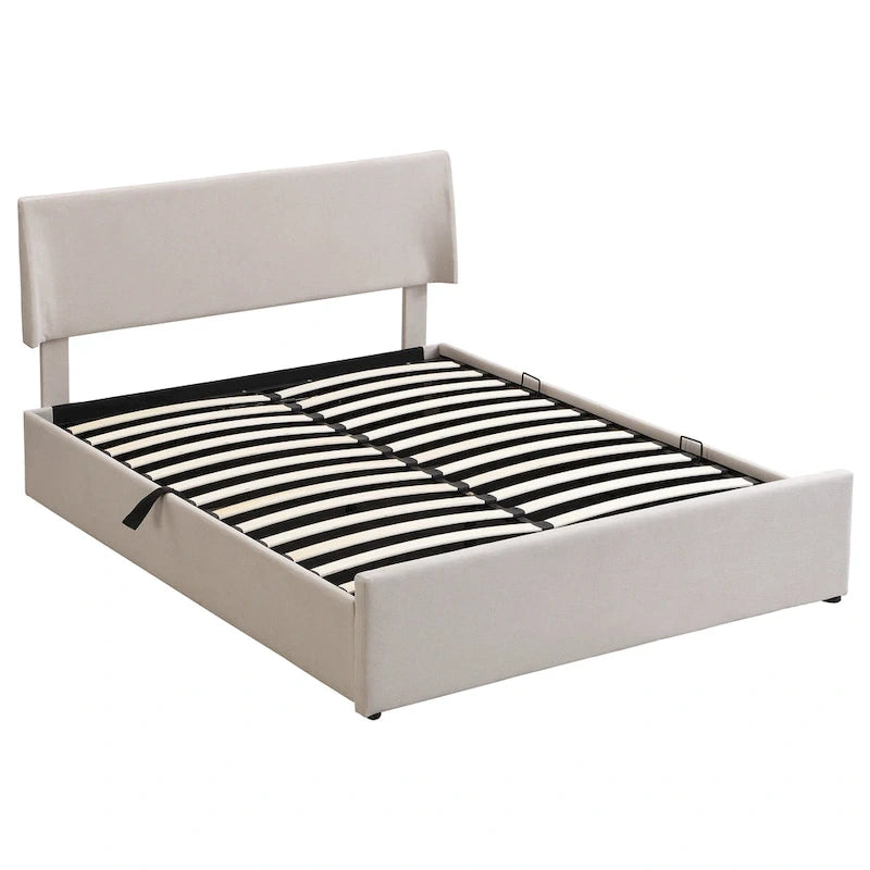 Lit traîneau Queen Size avec système de rangement hydraulique inclinable latéralement, revêtement en lin, beige