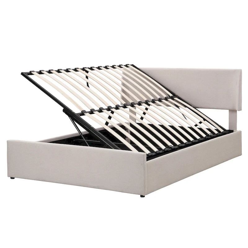 Lit traîneau Queen Size avec système de rangement hydraulique inclinable latéralement, revêtement en lin, beige