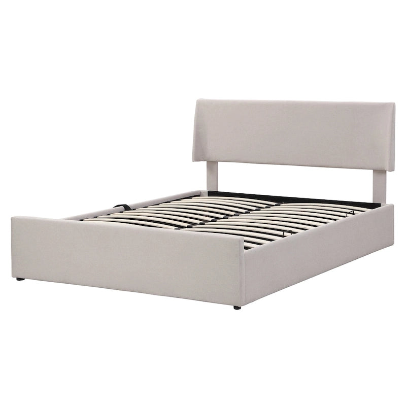 Lit traîneau Queen Size avec système de rangement hydraulique inclinable latéralement, revêtement en lin, beige