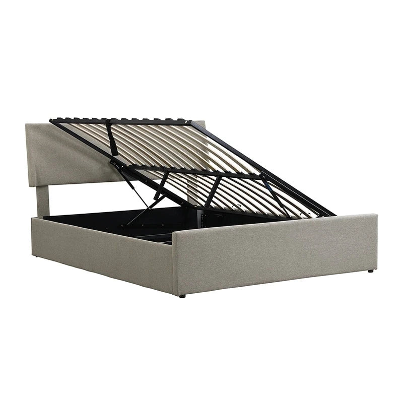 Lit traîneau Queen Size avec système de rangement hydraulique inclinable latéralement, revêtement en lin, beige