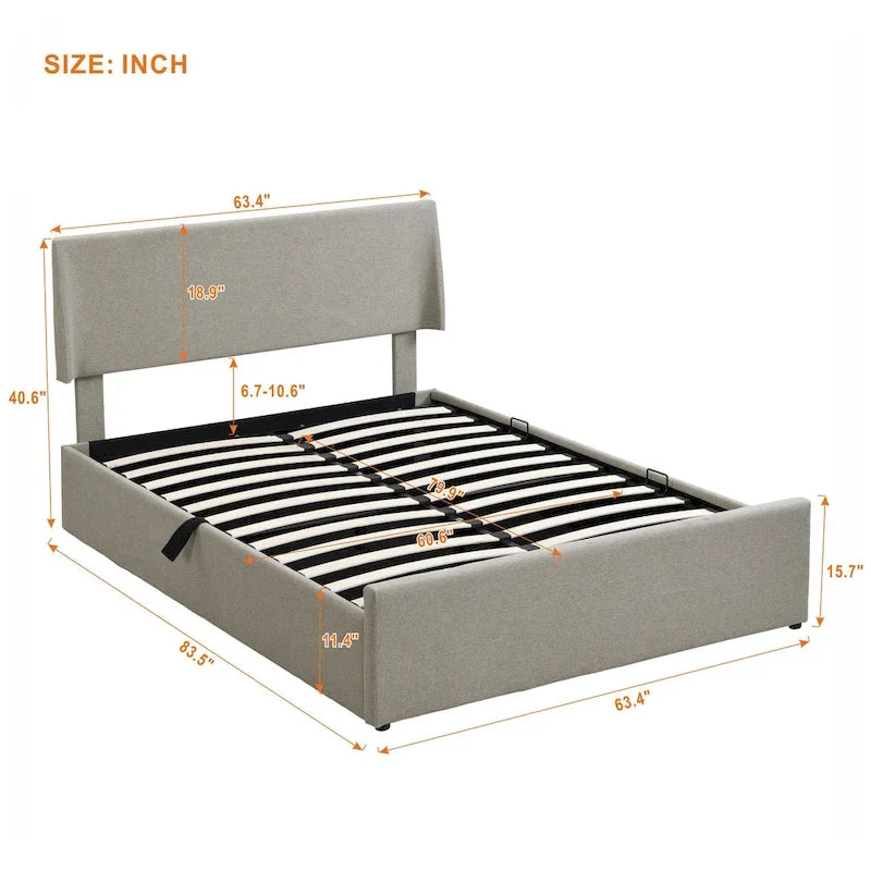Lit traîneau Queen Size avec système de rangement hydraulique inclinable latéralement, revêtement en lin, beige