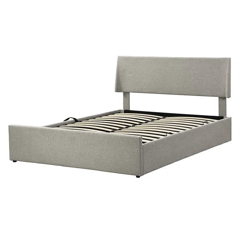 Lit traîneau Queen Size avec système de rangement hydraulique inclinable latéralement, revêtement en lin, beige